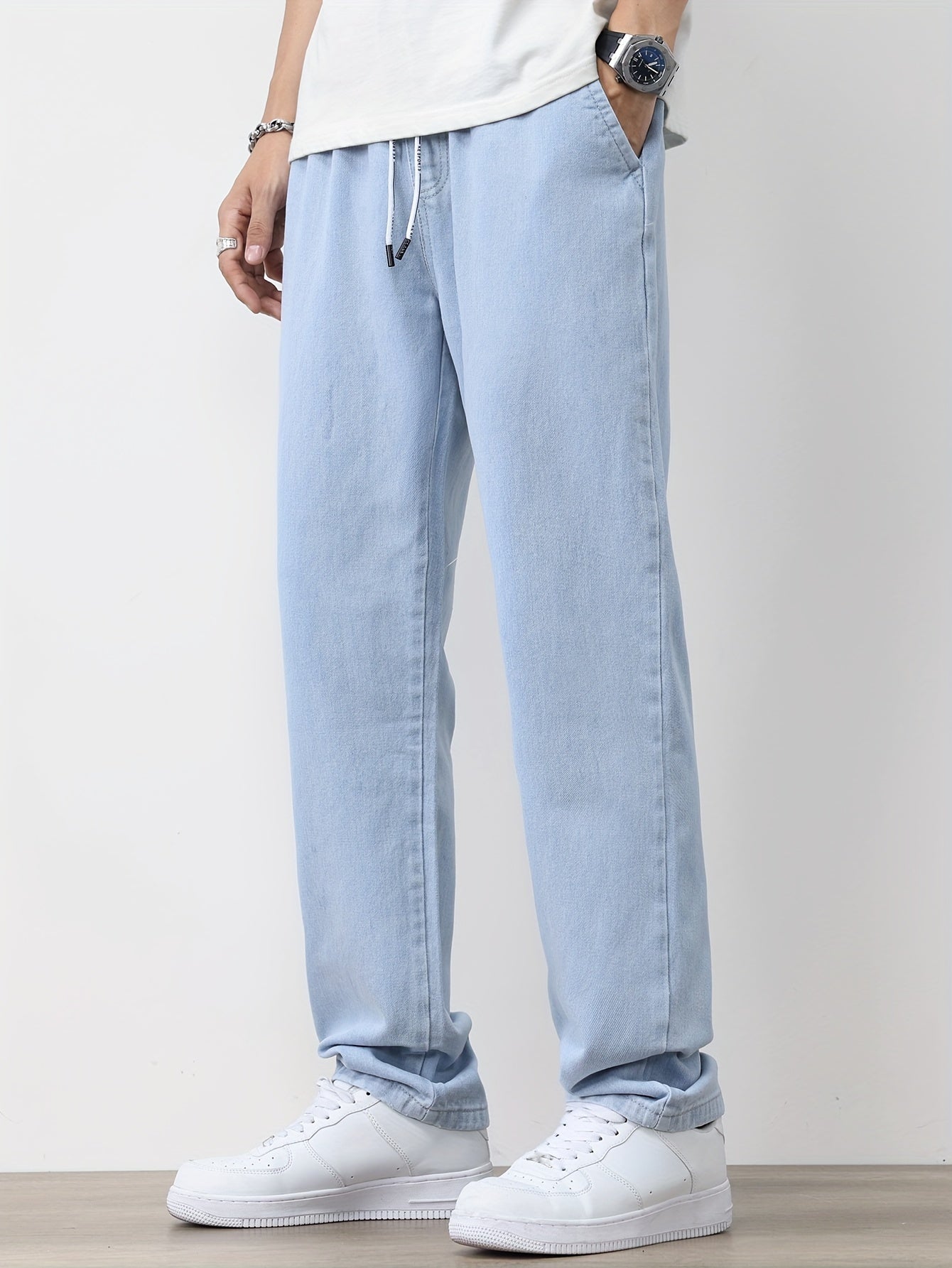 Men's Solid Washed Denim Trousers With Pockets, Causal Drawstring Cotton Blend Barrel Jeans For Outdoor Activities