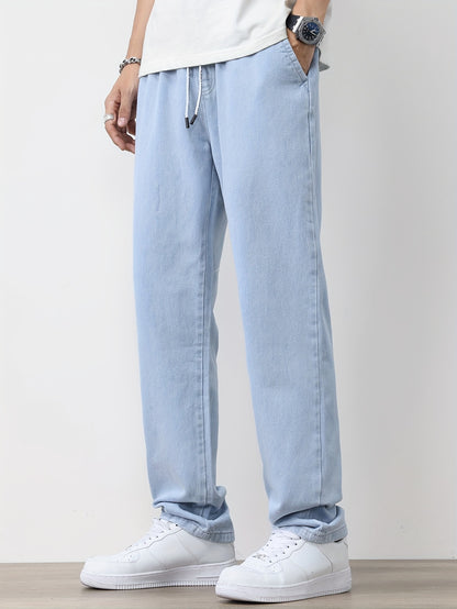 Men's Solid Washed Denim Trousers With Pockets, Causal Drawstring Cotton Blend Barrel Jeans For Outdoor Activities
