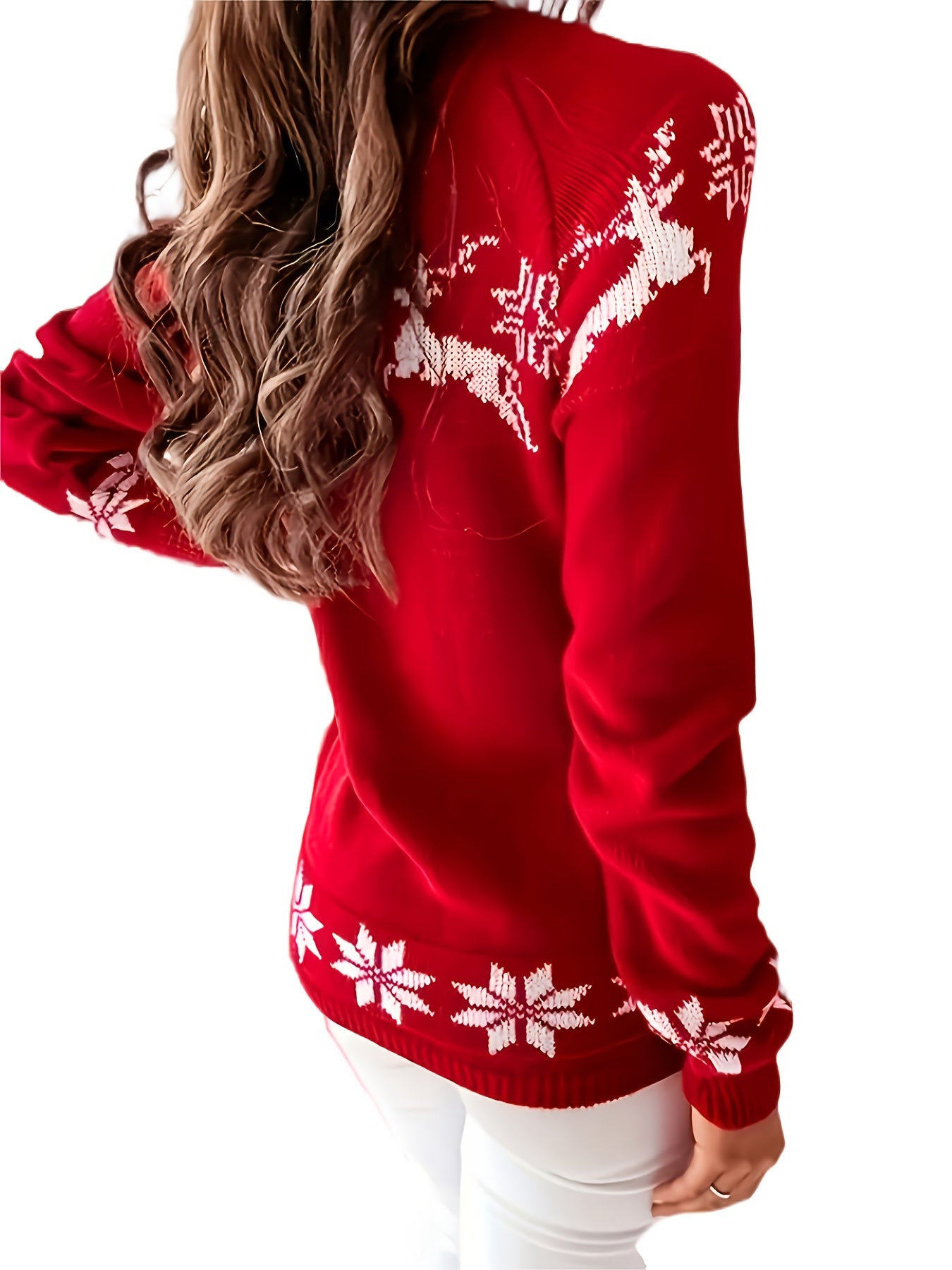 Women's Elegant Red Christmas Sweater with White Snowflake & Reindeer Pattern - Soft Stretchy Polyester Long Sleeve Round Neck Pullover, Cozy Winter Sweater for Holiday Parties & Everyday Winter Wear, Festive Sweater for New