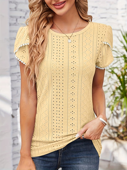 Women'S Elegant Blouse - Soft Pink Round Neck T-Shirt with Floral-like eyelet details, Breathable Loose Fit Top for Casual & Formal Outfits - Everyday Summer Shirt for Women, Ladies T Shirts, Versatile Clothing, Feminine Styl