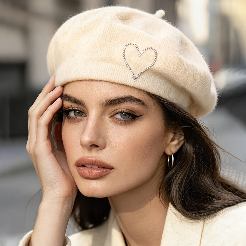 Women's Wool Beret Hat with Rhinestone Heart - Lightweight Warm