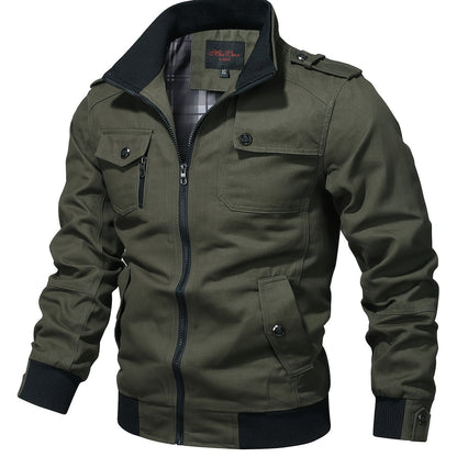 Men's Casual Bomber Jacket, Cotton Stand Collar Windbreaker Jacket With Pockets For Fall Winter