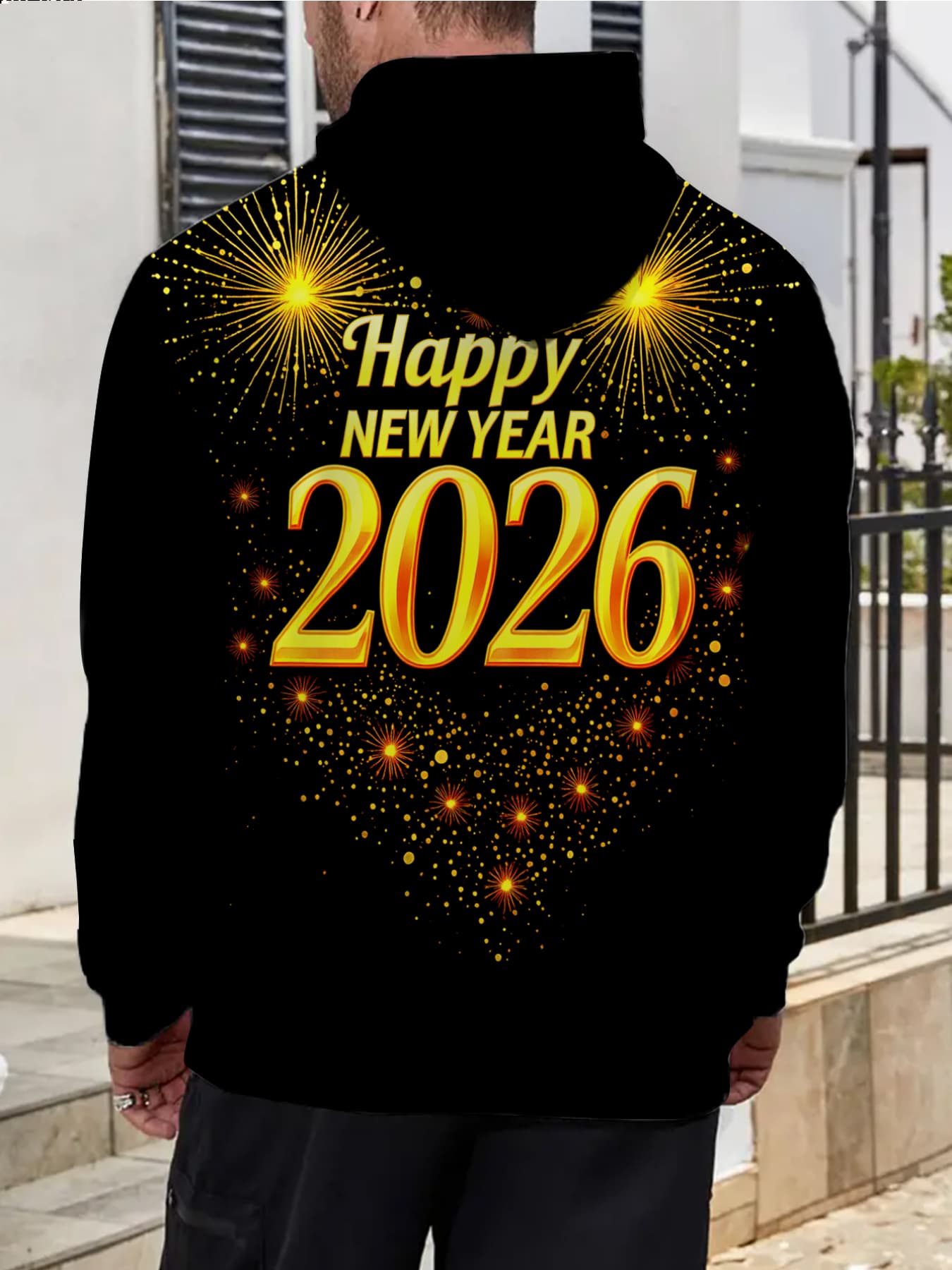 Men's 2026 New Year Fireworks Print Hooded Sweatshirt - Winter Warm Loose-Fit Pullover Hoodie with Firework Patterns, Machine Washable Casual Sweater for Christmas & NYE Parties (Red/Golden/White)