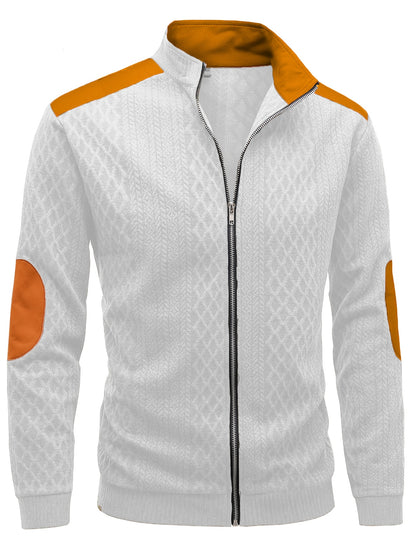 Men's Beige & Orange Contrast Full-Zip Jacket - Winter Warmth Loose-Fit Tailored Coat with Stand Collar, Zippered Pockets & Full-Zip Closure, Machine Washable Casual Outerwear for Men (Beige/Orange) - Ideal for Fall and Winte