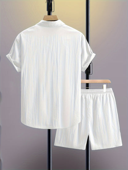 Men's Summer 2pcs Set: Casual Fashion Beige Short Sleeve Collared Shirt & Drawstring Shorts - Lightweight Blend, Ideal for Beach Vacations