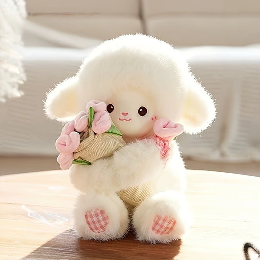 Adorable Plush Doll of a Cartoon Sheep Holding a Flower, Featuring a Fluffy Simulation Lamb Design. This Cute Kawaii Animal Plush Toy Makes a Perfect Birthday Gift