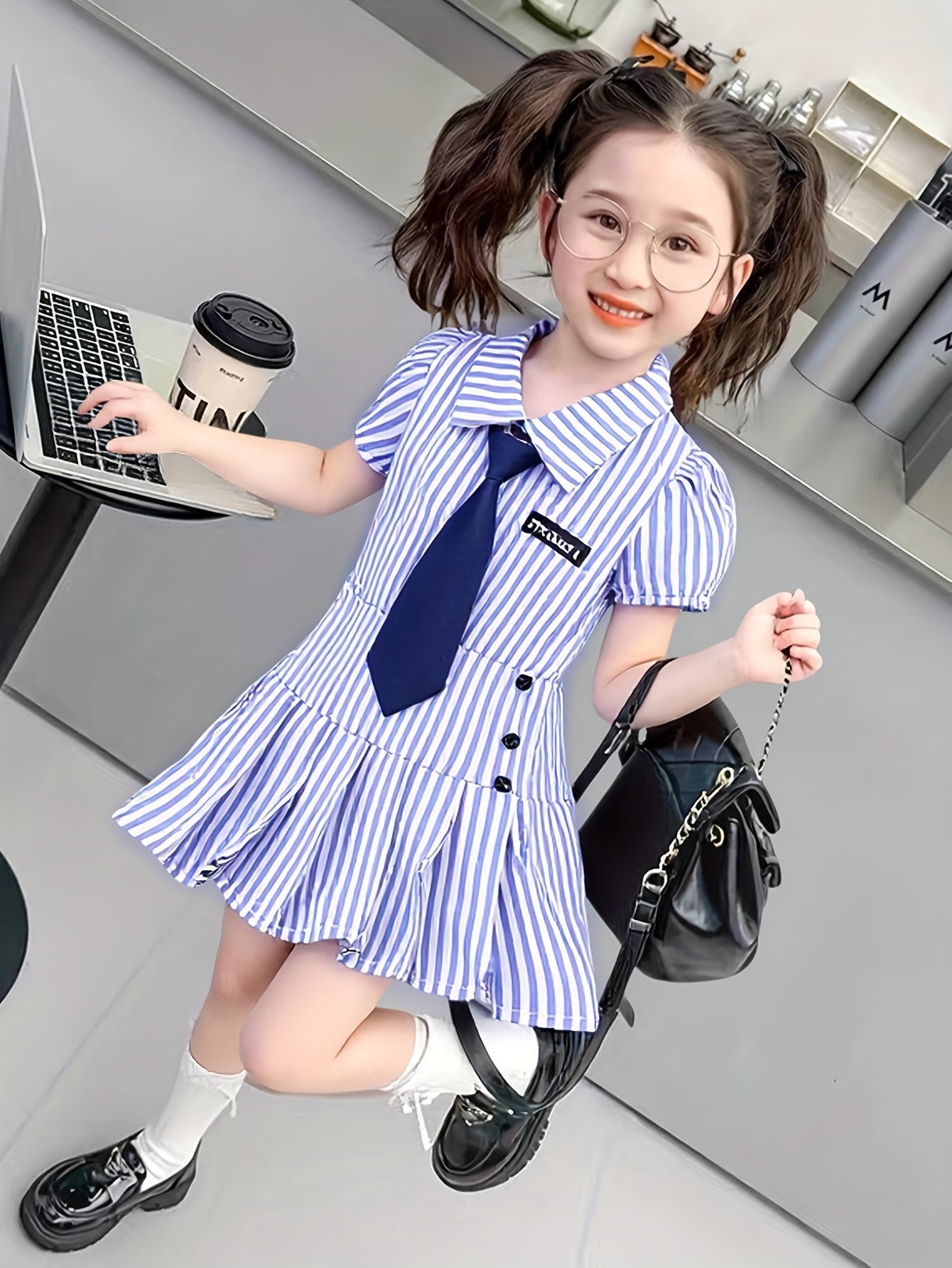 Girls' Summer Two-Piece Preppy Striped Shirt & Pleated Skirt
