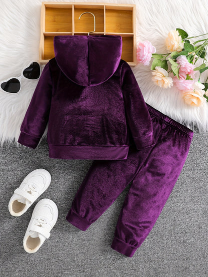 Girls' Long Pants Set, Burgundy Hooded Sweatshirt & Sweatpants, New Autumn Winter Warm Pullover Top, Fabric Two-Piece Set, Princess English Letter Embroidery with Pockets, Festive Holiday Outfit for Baby Girls, Perfect for Ou