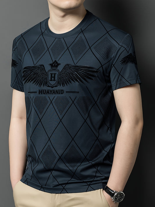 SINBOS Men's 2025 Summer Short Sleeve T-Shirt - Black Casual Graphic Print Tee with Wing  HUYAND Logo Design, Breathable Stretch Fabric, Round Neck Regular Fit for Casual Attire, Nontransparent Material, Relaxed Fit, Trendy