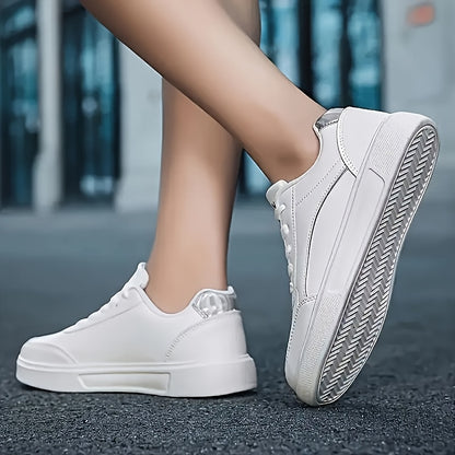 Women'S Chic White Sneakers - Stylish Low-Top Lace-Up Casual Shoes with Golden Accents, Lightweight All-Season Footwear, Waterproof, Non-Slip, Round Toe Design for Everyday, Sports, and Office Wear, Everyday Sneakers | Chic W