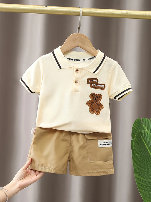 Kids' Cotton Animal Print Short-Sleeve T-Shirt Set, Casual Lapel Style - ayq