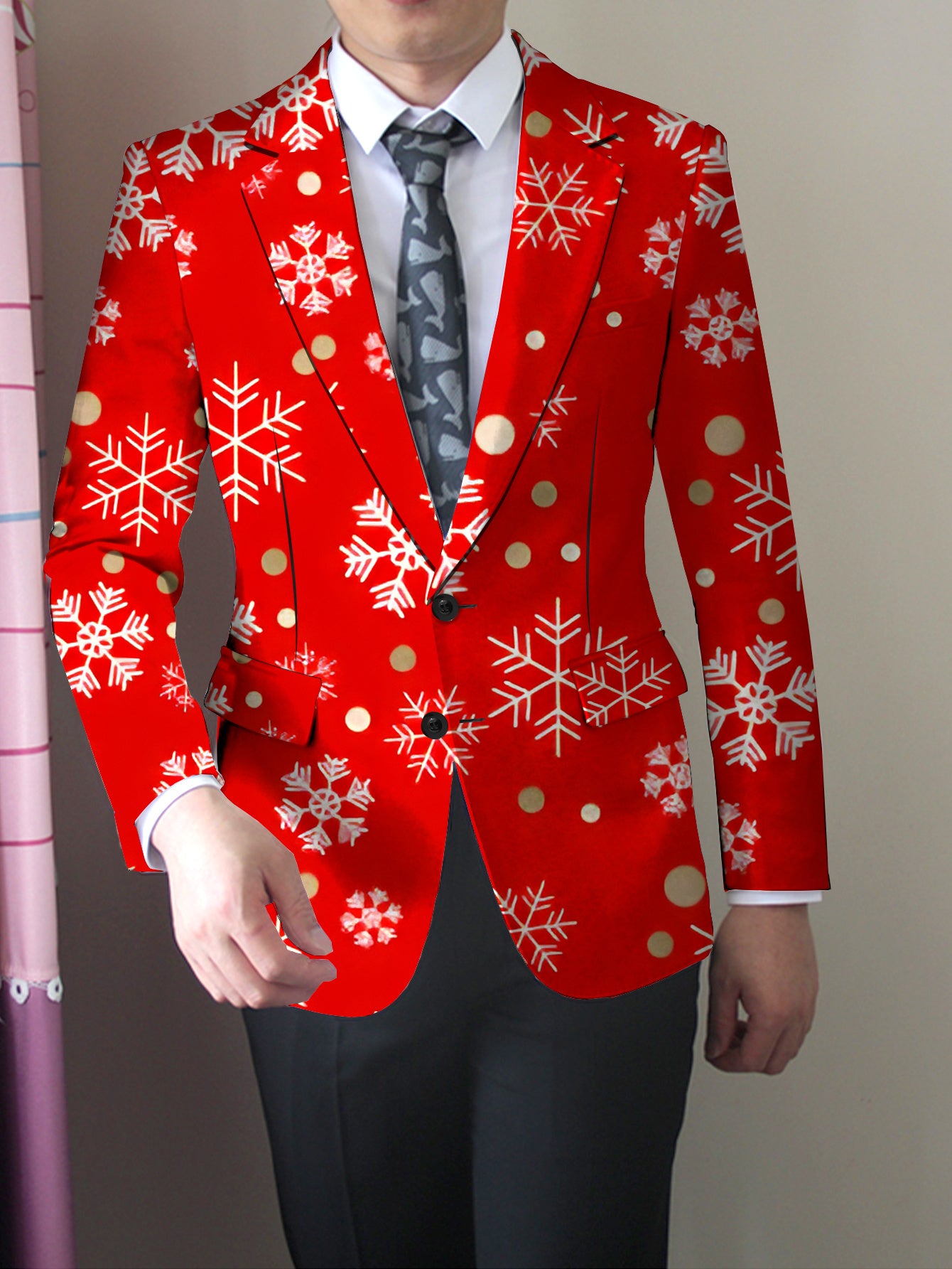 Men'S Blazer - Red & White Snowflake pattern with Golden dots, Business Formal & Casual Coat, All-Season Jacket for Office, Parties, Everyday - Classic Lapel, Structured Fit, Easy-Care Professional Outerwear, Office Wear, Tre