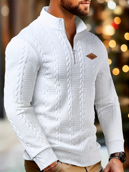 CLQWE Men's White Cable- Jacket with Collar & Brown Button Panel - Half-Zip Long Sleeve Blazer, Machine Washable Winter Coat for Casual & Formal Wear, Tailored Fit (No Belt)