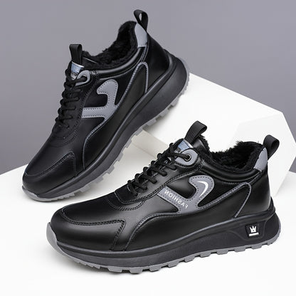 Men's Winter Non-Slip Sneakers - All-Season Traction Shoes with Thick Cushioned Rubber Sole, Slip-Resistant Grip, PU Upper & EVA Insole - Low-Top Sneakers for Hiking, Gym, Everyday - White & Gray Accents - Ideal Cold Weather