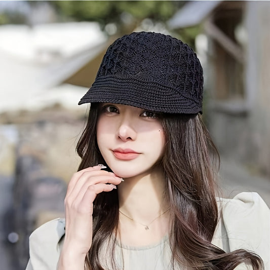 1pc Women's Ice Sliky Fiber Fabric Beret Hat, Lightweight Knit Crochet Design with Openwork Pattern, Sun Protection for Spring & Summer, Multiple Colors (Cream, Orange, Beige, Black, White) - Perfect for Casual Outings & Vaca