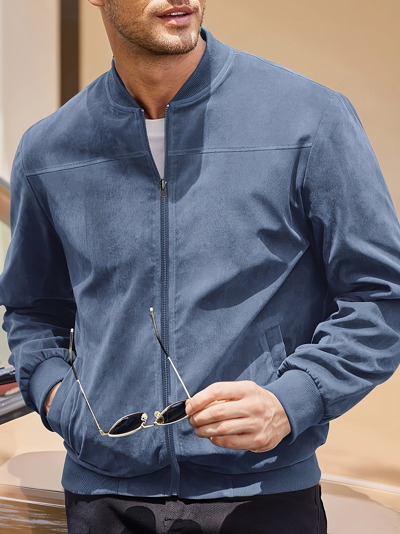 Men's Casual Retro-Inspired Lightweight Zip-Up Jacket - Solid Color, Machine Washable with Baseball Collar