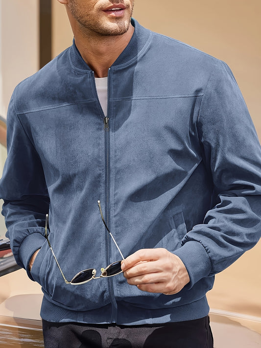 Men's Casual Retro-Inspired Lightweight Zip-Up Jacket - Solid Color, Machine Washable with Baseball Collar