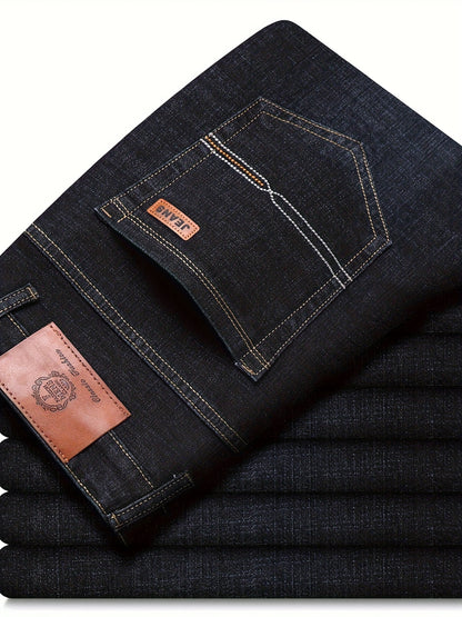 Men's Classic Business Casual Jeans - All-Season Black Denim with Patch Detail, Comfort Fit & Versatile Style