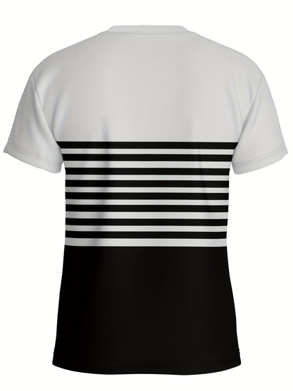 Stylish Men'S Top, a Short-Sleeve T-Shirt with Vibrant 3D Print Striped Patchwork And a Round Neck, Perfect for Summer Street Fashion And Casual Sports.