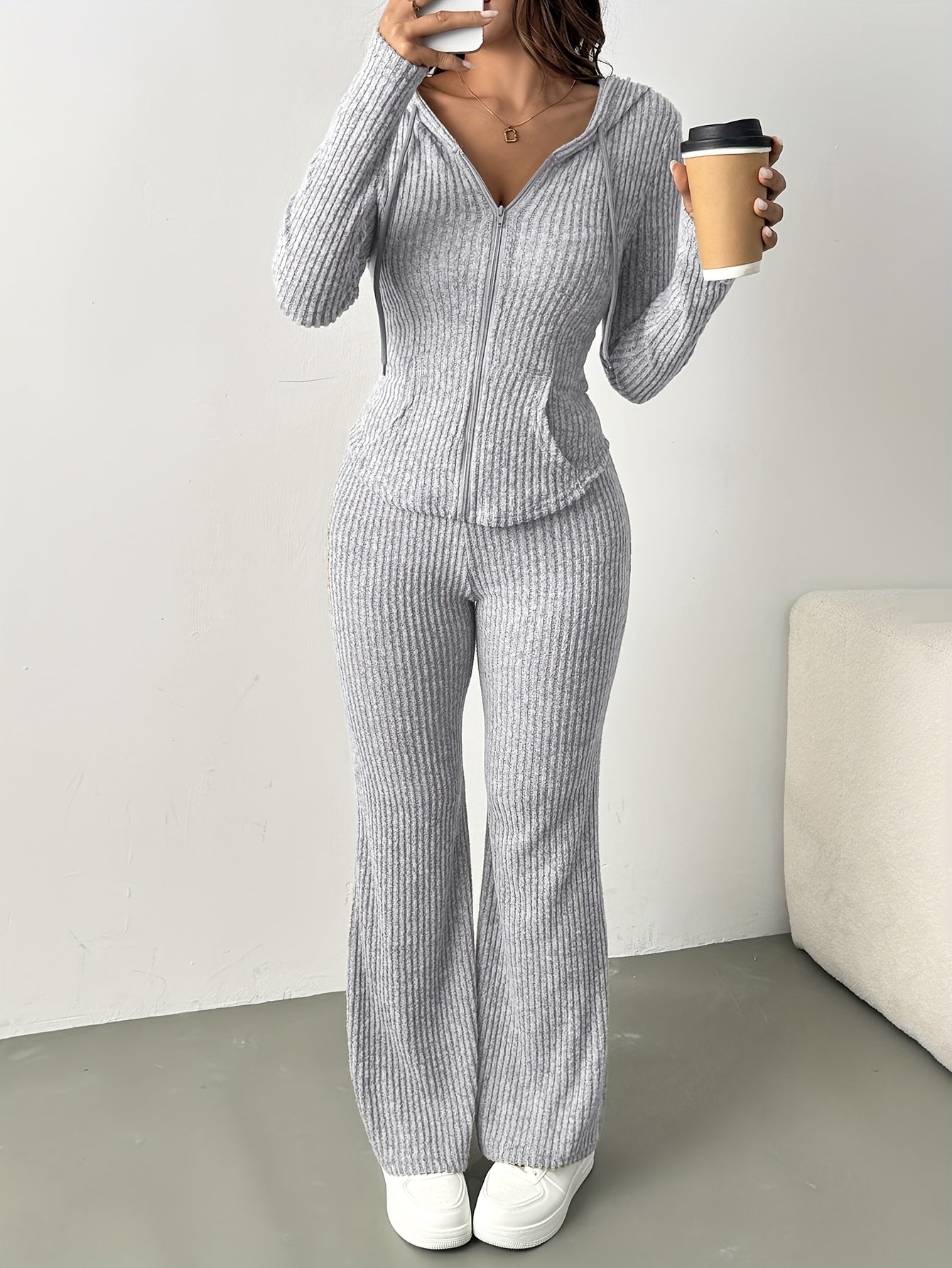 2pcs Women's Solid Color Hooded Zip-up Top and Casual Flared Pants Set - ayq