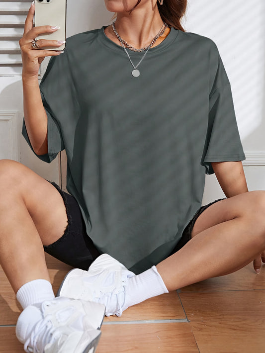 Y2K Retro American Casual Crew Neck T-Shirt, 100% Polyester Knit Fabric, Solid Color, Drop Shoulder Long Sleeve, Medium Stretch Pullover for Spring/Summer/Fall - Fashionable Loose Fit Tee