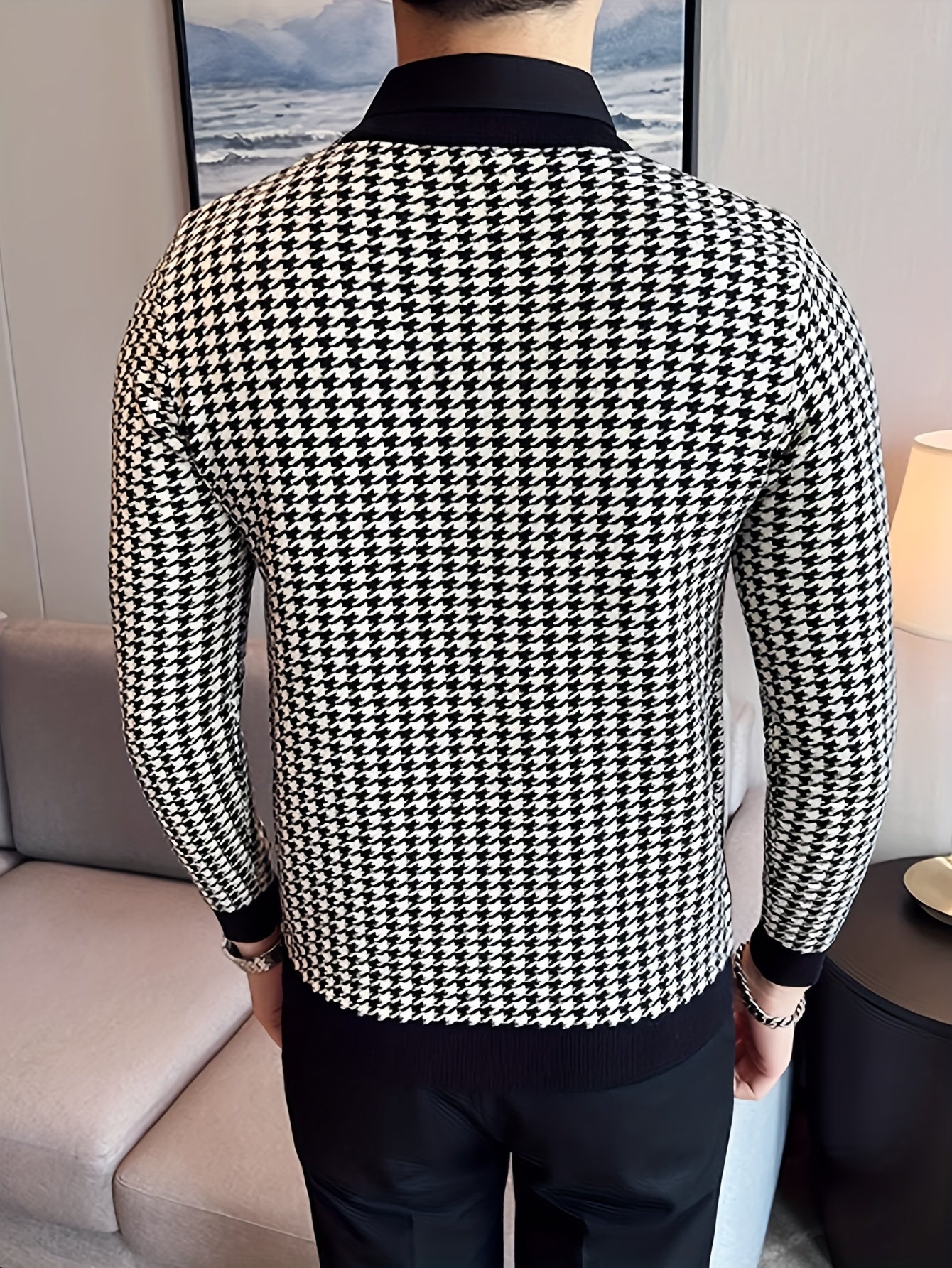 Նոր տղամարդու Houndstooth գունավոր խճճված սվիտեր, կլոր վզնոցով և երկար թևքերով ամենօրյա սվիտեր, տրիկոտաժե