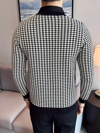Նոր տղամարդու Houndstooth գունավոր խճճված սվիտեր, կլոր վզնոցով և երկար թևքերով ամենօրյա սվիտեր, տրիկոտաժե
