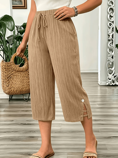 Plus Size Elegant Loose-Fit Capri Pants with Elastic Waistband