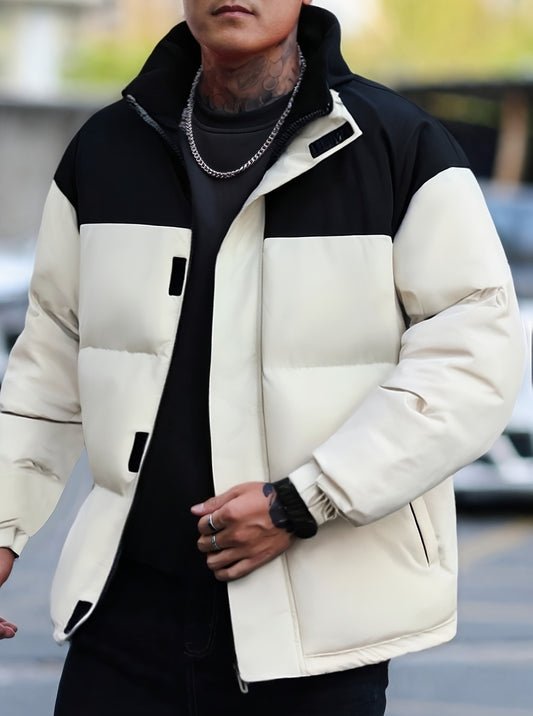 Տղամարդու ձմեռային գունային բլոկներով բաճկոն՝ կանգնած օձիքով - սև և առօրյա տաք վերարկու՝ բացօթյա օգտագործման համար, պոլիեսթերով լցված կայծակաճարմանդ առջևի մասով, սովորական չափսի՝ ցուրտ եղանակի համար, չձգվող գործվածք