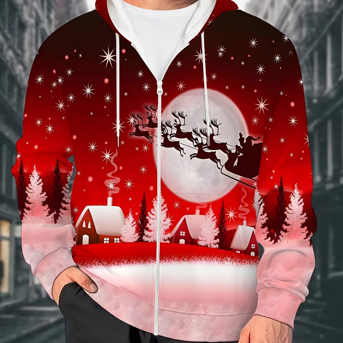 Men'S Christmas Hoodie with Full-Zip Closure - Red & Pink Holiday Print Sweatshirt, Machine Washable Polyester Jacket for Christmas Parties, Family Gatherings - Cozy Winter Outerwear for Men, Seasonal Fashion, Festive Design,