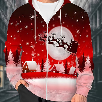 Men'S Christmas Hoodie with Full-Zip Closure - Red & Pink Holiday Print Sweatshirt, Machine Washable Polyester Jacket for Christmas Parties, Family Gatherings - Cozy Winter Outerwear for Men, Seasonal Fashion, Festive Design,