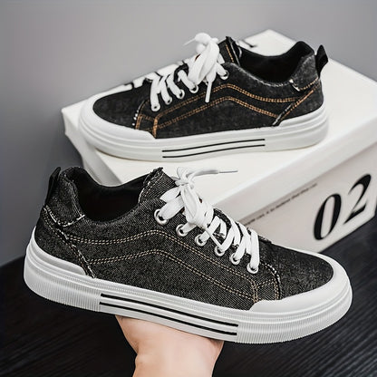 Men's Casual Canvas Sneakers - Trendy Blue Denim Low-Top Lace-Up Shoes with White Rubber Sole, Durable & Comfortable for Casual Attire, Street Style, and Outdoor Activities, Casual Sneakers | Trendy Footwear | Durable Sneaker