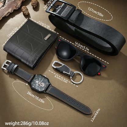 5 հատ նոր ժամացույցի նրբագեղ նվերների տուփի հավաքածու - բարձրակարգ գեղեցիկ արհեստական ​​կաշվե ժամացույց՝ նորաձև ակնոցներով, նորաձև բանալիի շղթայով, ամենօրյա դրամապանակով և գոտիով, կատարյալ նվեր