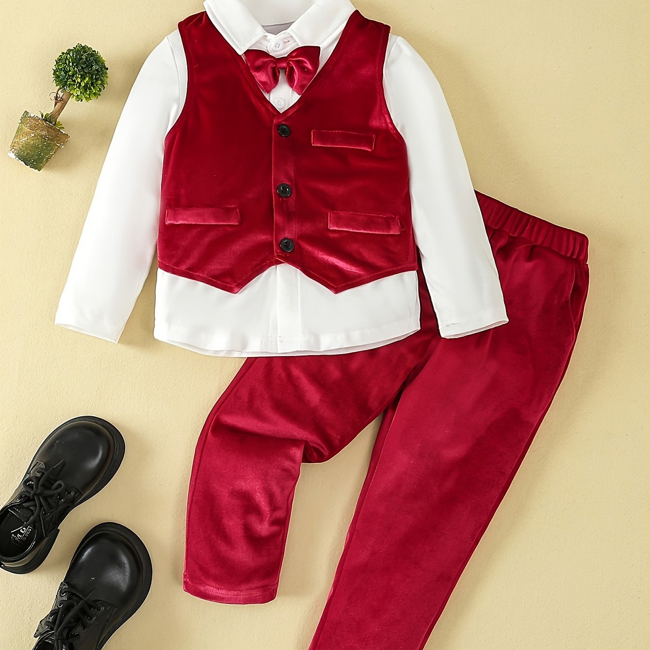 3pcs Boys' Gentleman Suit Set, Knitted Polyester, Solid Color, Slight Stretch, Regular Fit, with Long Sleeve Shirt, Bow Tie, Velvet Vest, and Pants, for Special Occasions - Party Outfit for Ages 12 and Under