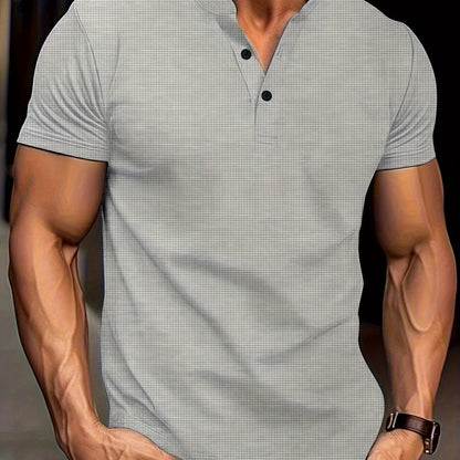 Men's Solid Waffle Stand Collar Short Sleeve Golf Shirts, Casual Style Slight Stretch Regular Fit Summer Tops, Summer Golf Shirts