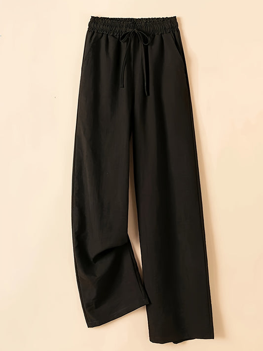 Women's Comfortable High-Waist Drawstring Wide-Leg Pants - Soft Polyester, Black, Relaxed Fit, Machine Washable, Casual Style for Casual Attire, Everyday Comfortable Wear | Relaxed Fit Pants | Glossy Finish