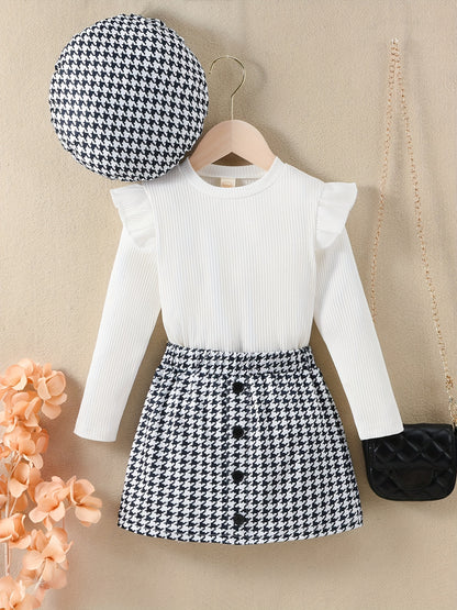 Youngsters Girls Ruffle Tee &amp; Houndstooth պրինտ կիսաշրջազգեստ և գլխարկ