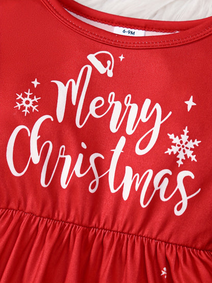 Տոնական երկար թևքերով, ծալքավոր զարդանախշերով զգեստ՝ Ձմեռ պապի և ձնեմարդու նախշերով, պոլիեսթերի խառնուրդով և թեթևակի ձգվող, գարուն/աշուն ամենօրյա տրիկոտաժե գործվածքից։