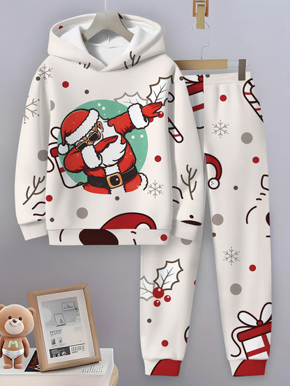 2pcs Boys' Hooded Sweatshirt Set with Santa Claus & Reindeer Print - Cozy Fall/Winter Casual Sportswear, Regular Fit, Ideal for Outdoor Activities & Holiday Gifts, Perfect for Outdoor, Clothes For Boys, Boy Tracksuit Set