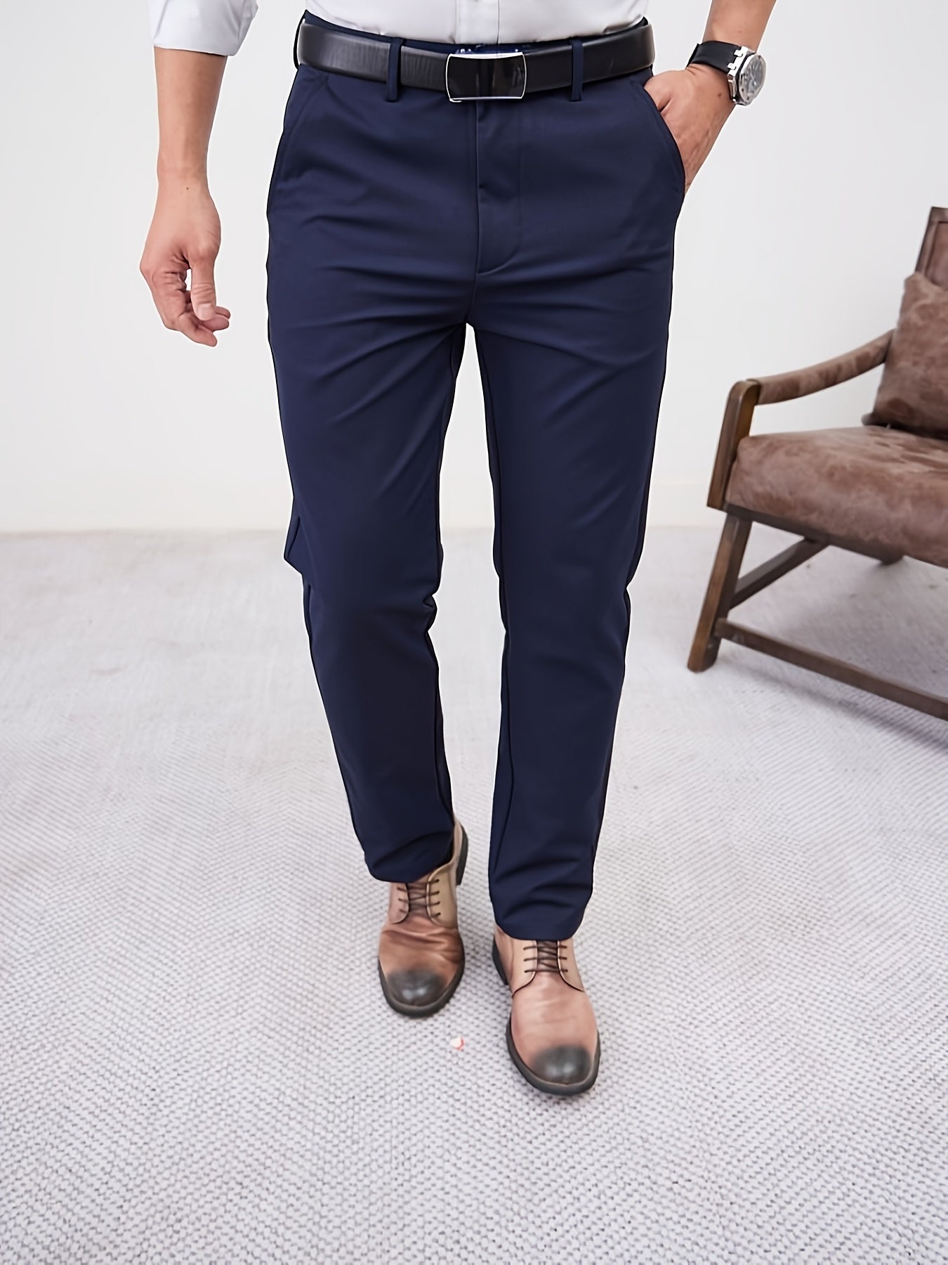 Men'S Casual Solid Color Regular Length Slight Stretch Woven Fabric Pants for Adult