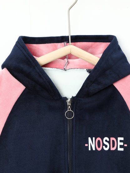 Girls' Thickened Fleece-Lined Hooded Zip-Up Jacket & Jogger Pants Set - Cozy Two-Piece Outfit with "NUS" Letter Print, Long Sleeves, and Drawstring Waist, for Outdoor, And Casual Wear, Winter Clothing, Playful Design, Soft Fa