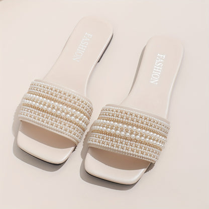 Elegant Women's Summer Flat Slide Sandals - Chic Square Toe with Pearl & Rhinestone Embellishments, Casual Slip-On Design, Faux Cover Upper & Rubber Sole, Ladies Sandals
