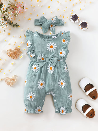 Baby Girl Summer Romper with Floral Print, Lace & Bow Set