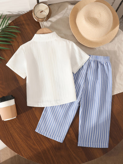 Boys' Casual Summer Shirt and Pants Set, Polyester Blend - ayq