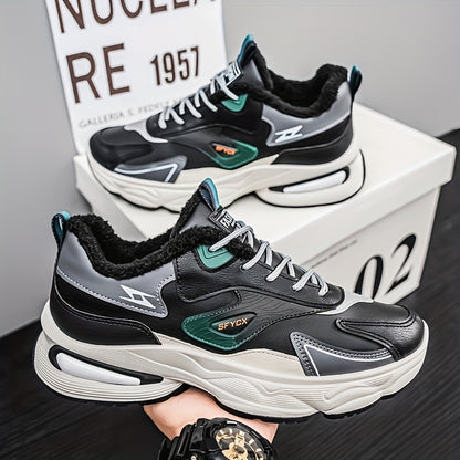 Men's Winter Sneakers with Plush Collar - Beige/Grey/Green PU Upper, Thick Rubber Sole & Traction Tread - Low-Top Lace-Up Warm Shoes for Cold Weather, Casual & Sports (White Accent)