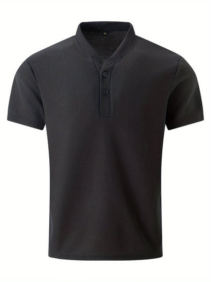 Men's Solid Waffle Stand Collar Short Sleeve Golf Shirts, Casual Style Slight Stretch Regular Fit Summer Tops, Summer Golf Shirts