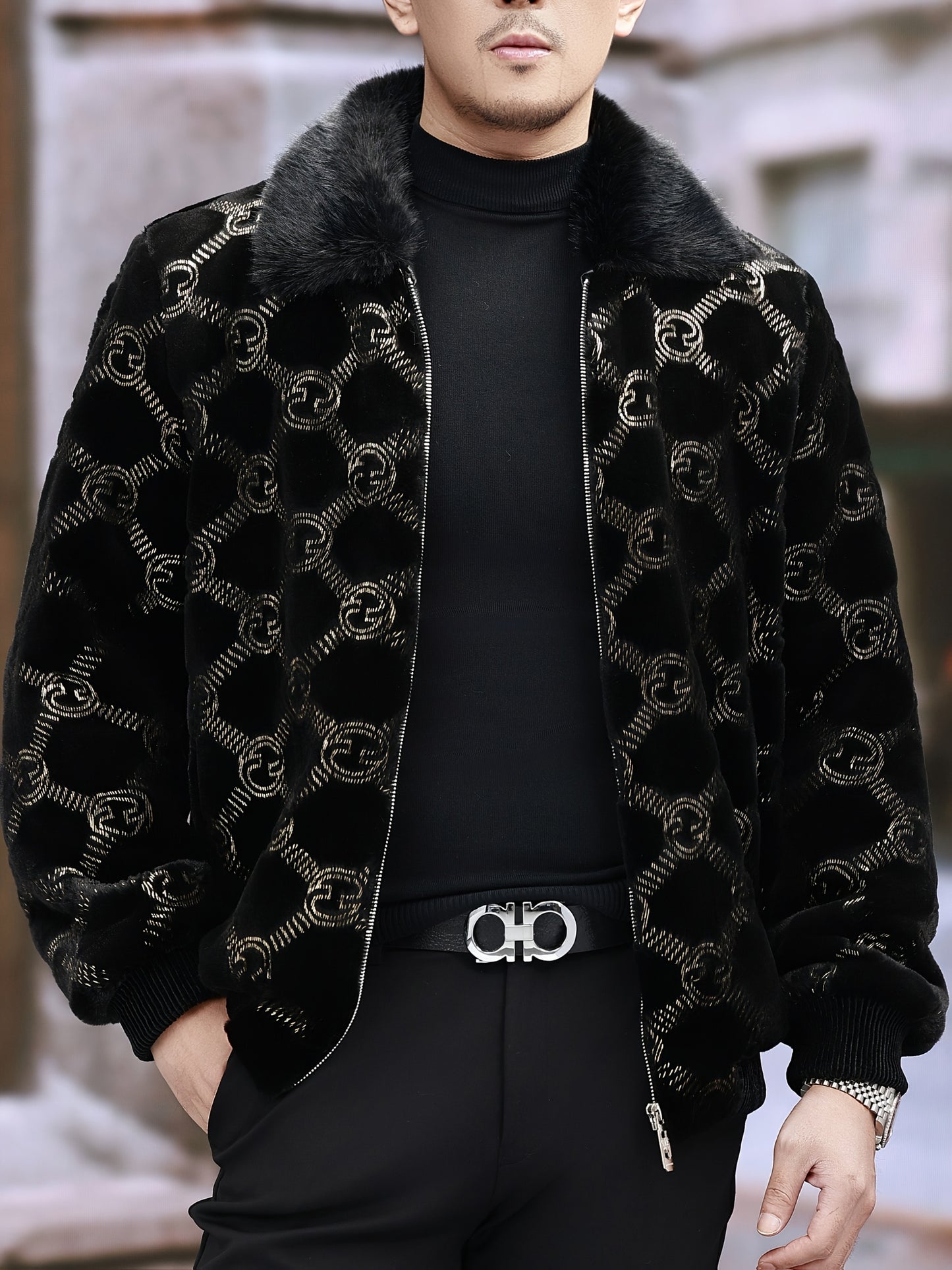 Տղամարդու ձմեռային արհեստական ​​մորթուց բաճկոն | Սև և ոսկեգույն հակադիր դիզայն | Ակնոցավոր օձիք | Կայծակաճարմանդով փակվող | Պոլիեսթերային աստառ | Նորաձև և ֆունկցիոնալ՝ պաշտոնական առիթների համար, ձմեռային վերնազգեստ | Հակադիր գույների բաճկոն | Ակնոցավոր օձիք