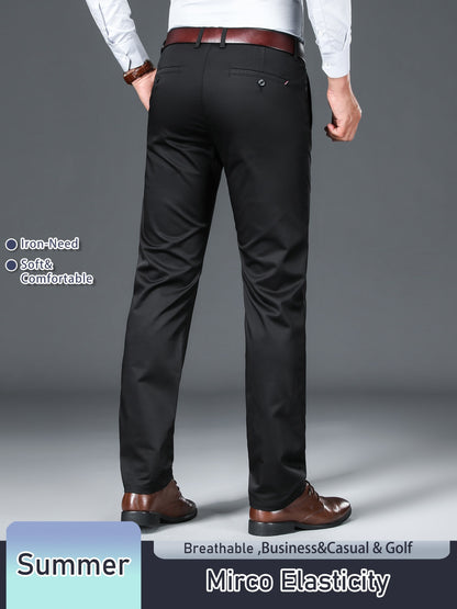 Men's Solid Color Straight Leg Business Style Cotton Blend Pants, Casual Comfy Breathable Outdoor Trousers As Gift