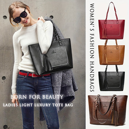Elegant Large-Capacity Women’s PU Tote Bag with Tassel