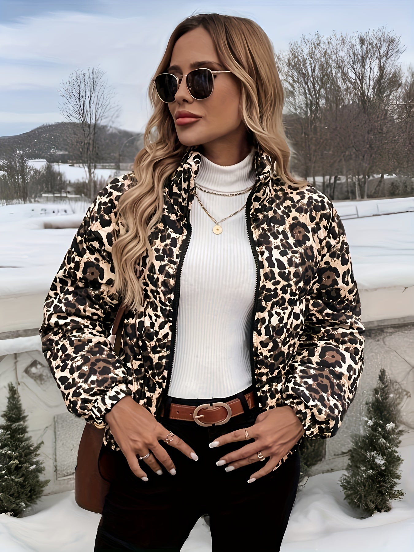 Fashion Leopard Print Short Warm Coat, Women's Stand Collar Windproof Jacket